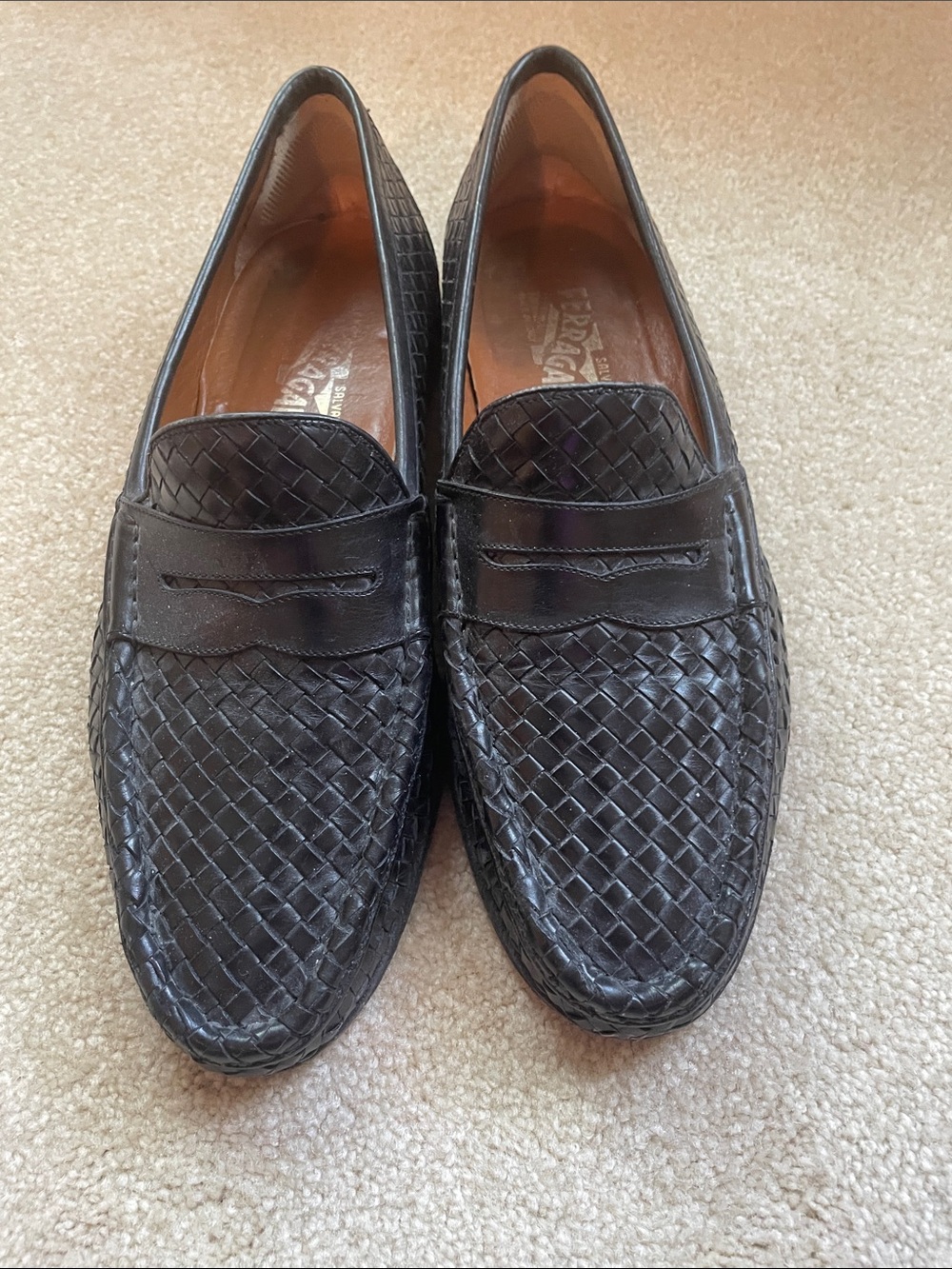 Salvatore Ferragamo Black Woven Leather Penny Loafers